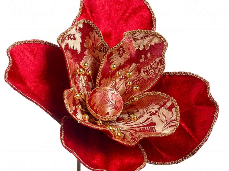 Goodwill Christmas Flowers Large Brocade North Pole Magnolia On Stem Red J 59010