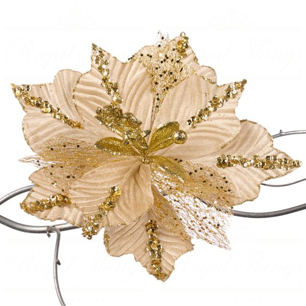 Goodwill Christmas Flowers Net Sequin Poinsettia On Clip Cream Gold Fl 18604