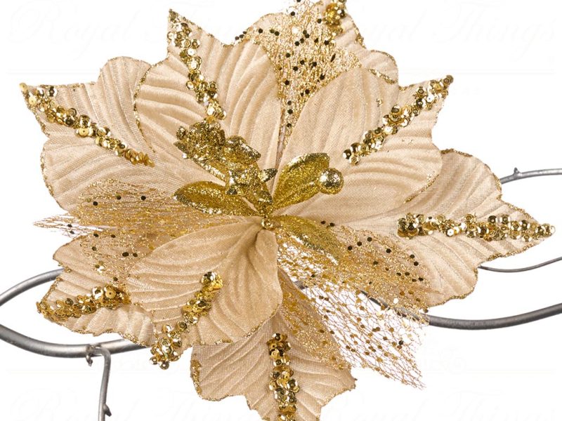 Goodwill Christmas Flowers Net Sequin Poinsettia On Clip Cream Gold Fl 18604