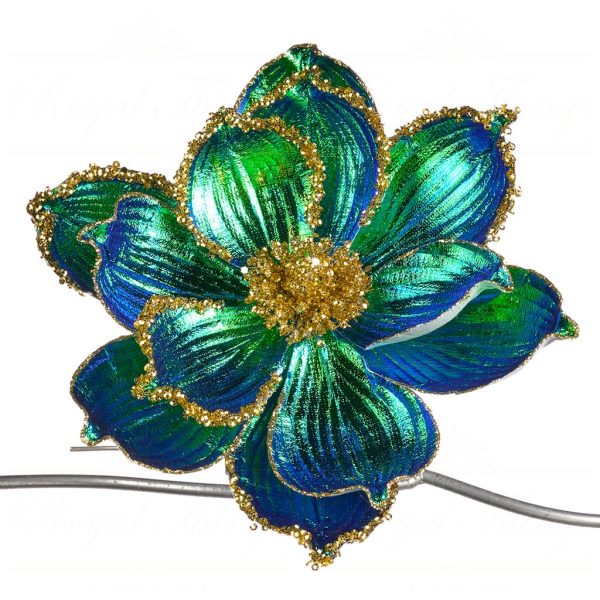 Goodwill Christmas Flowers Peacock Magnolia On Clip Green Blue Gold Ff 99411