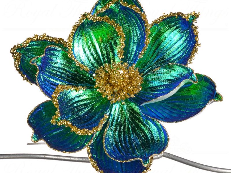 Goodwill Christmas Flowers Peacock Magnolia On Clip Green Blue Gold Ff 99411