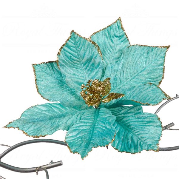 Goodwill Christmas Flowers Poinsettia On Clip Blue Gold Fl 18605