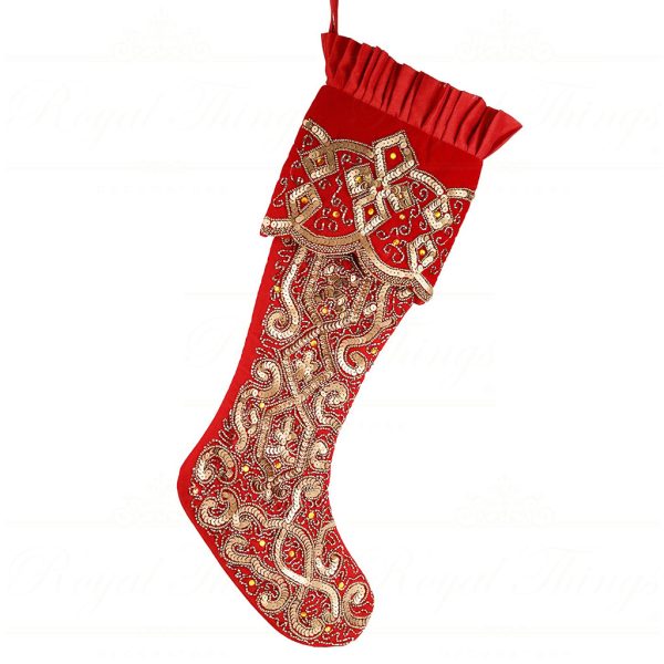 If 10267 Goodwill Christmas Decorative Items Velvet Sequin Swirl Pleated Stocking Red Gold