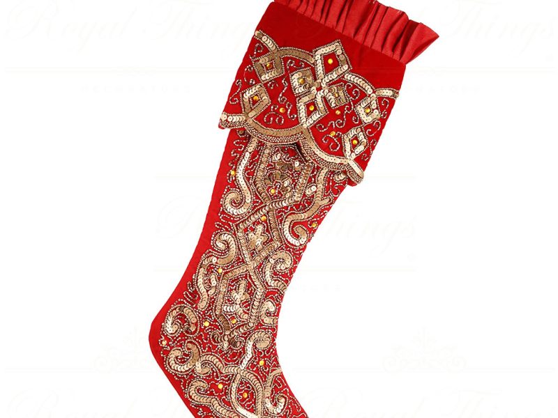 If 10267 Goodwill Christmas Decorative Items Velvet Sequin Swirl Pleated Stocking Red Gold