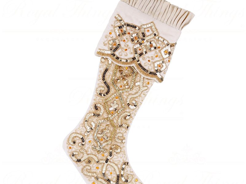 If 10268 Goodwill Christmas Decorative Items Velvet Sequin Swirl Pleated Stocking Cream Gold