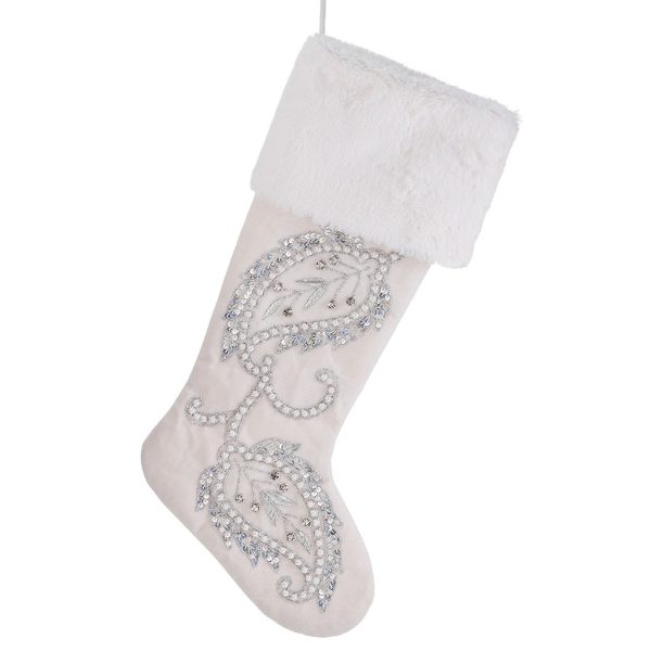If 10270 Christmas Decorative Items Velvet Furry Pearl Leaf Stocking White Silver