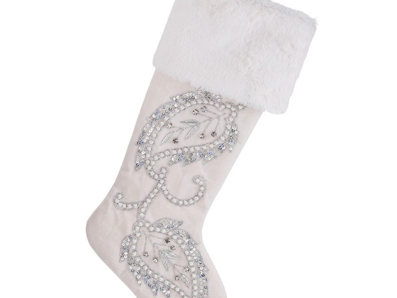 If 10270 Christmas Decorative Items Velvet Furry Pearl Leaf Stocking White Silver