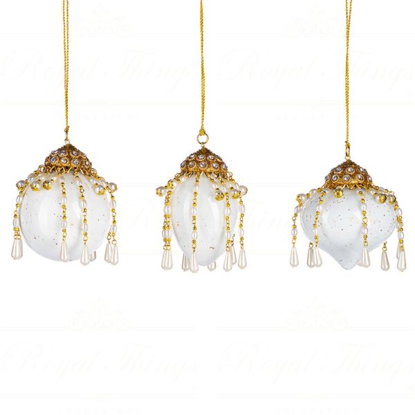 If 10305 Goodwill Glass Christmas Balls Glass Dangling Pearls Ball Finial Ornament White Gold
