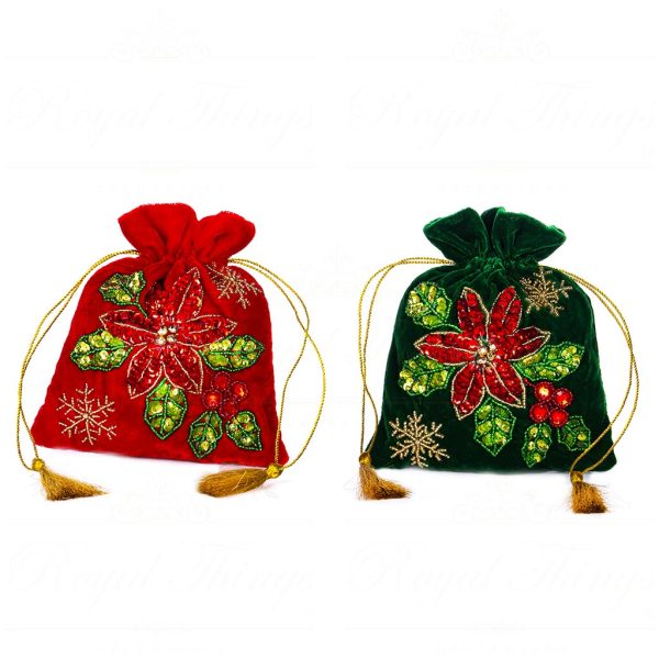 If 10309 Goodwill Christmas Decorative Items Velvet Sequin Poinsettia Pouch Tabletop Red Green Gold