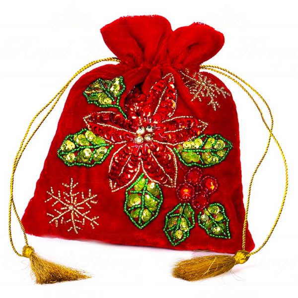 If 10309 Goodwill Christmas Decorative Items Velvet Sequin Poinsettia Pouch Tabletop Red Green Gold Red