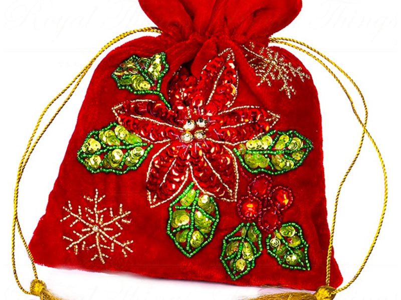 If 10309 Goodwill Christmas Decorative Items Velvet Sequin Poinsettia Pouch Tabletop Red Green Gold Red