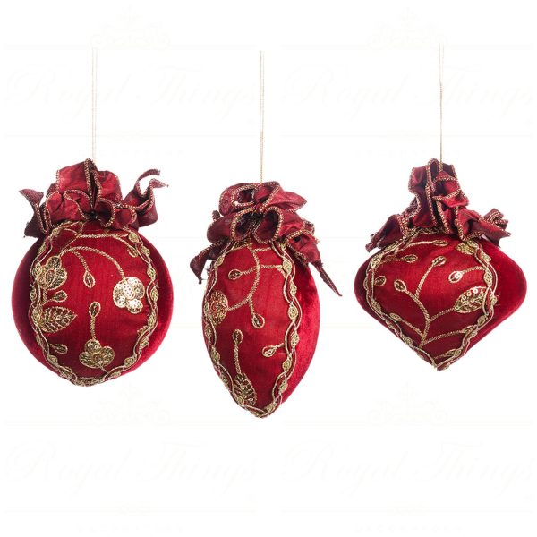 J 57006 Goodwill Christmas Balls Victorian Brocade Ribbon Ball Finial Ornament Red Gold