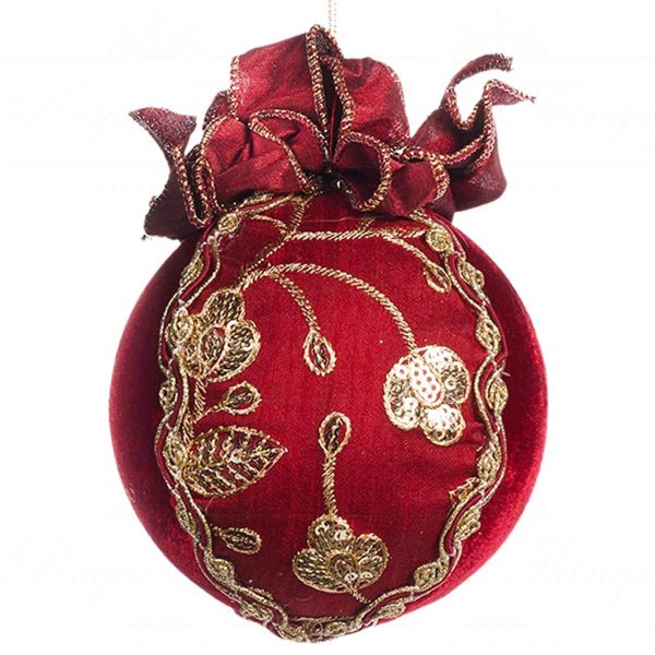 J 57006 Goodwill Christmas Balls Victorian Brocade Ribbon Ball Finial Ornament Red Gold Round