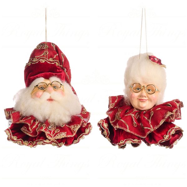 J 57010 Goodwill Christmas Ornaments Victorian Brocade Santa Mrs Claus Head Ornament Burgundy Gold