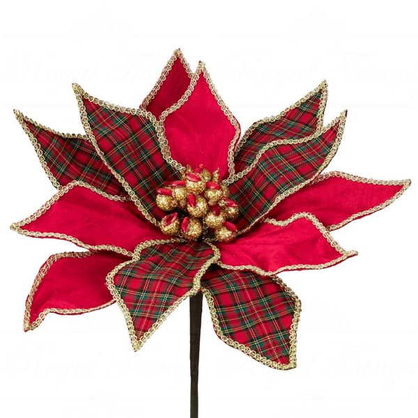 J 58413 Goodwill Christmas Decorative Items Tartan Jewel Poinsettia Flower Stem Red