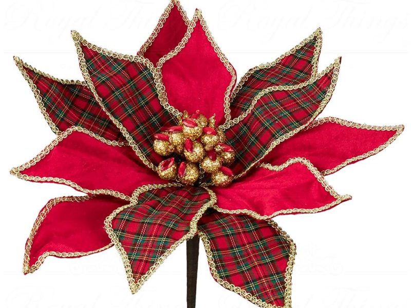 J 58413 Goodwill Christmas Decorative Items Tartan Jewel Poinsettia Flower Stem Red