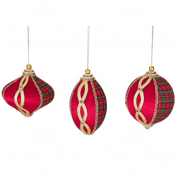 J 58414 Goodwill Christmas Balls Tartan Velvet Ball Finial Ornament Red Gold