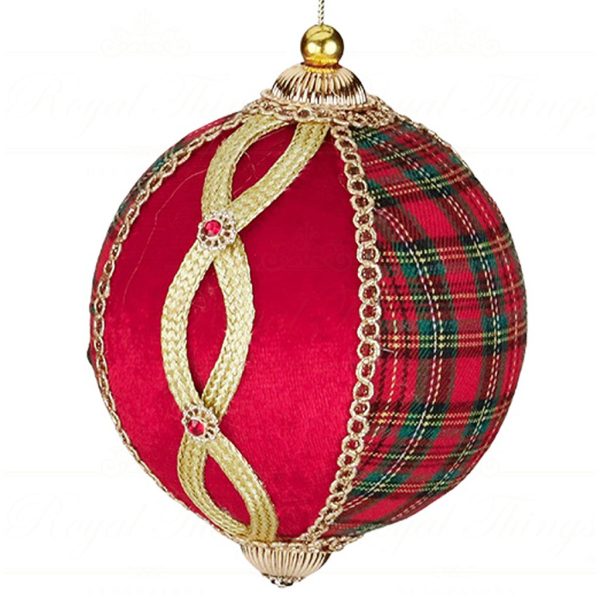 J 58414 Goodwill Christmas Balls Tartan Velvet Ball Finial Ornament Red Gold Vari Round