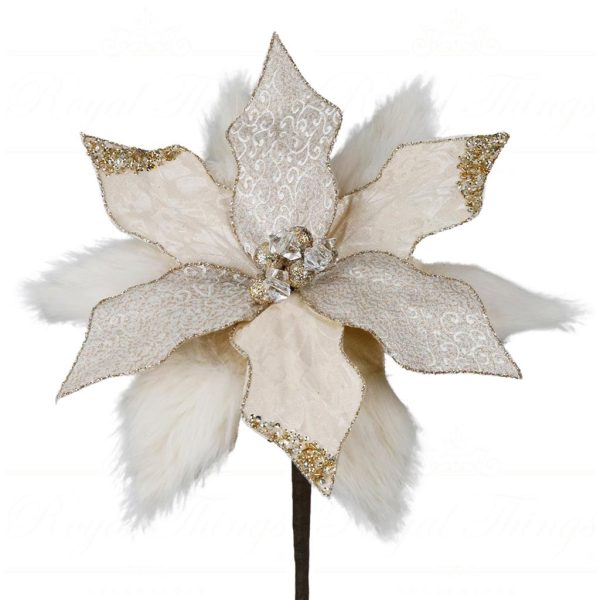 J 58460 Goodwill Christmas Decorative Items Regal Winter Fur Poinsettia Flower Stem Cream