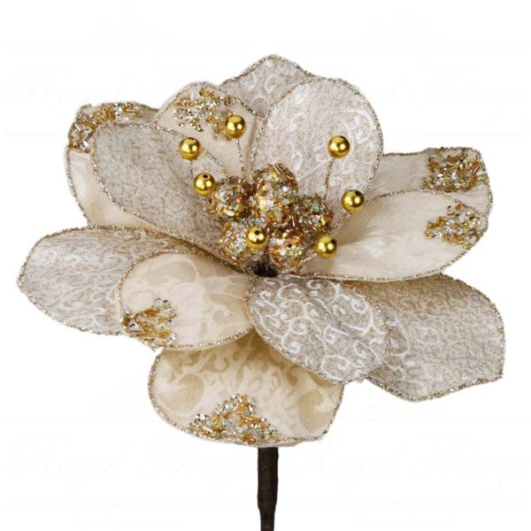 J 58461 Goodwill Christmas Decorative Items Regal Winter Magnolia Flower Stem Cream