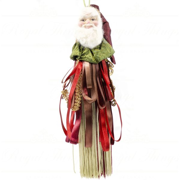 Kc 05 12855 Katherines Collection Christmas Ornaments Holly Santa Ribbon Tassel Ornament Green Brown Red