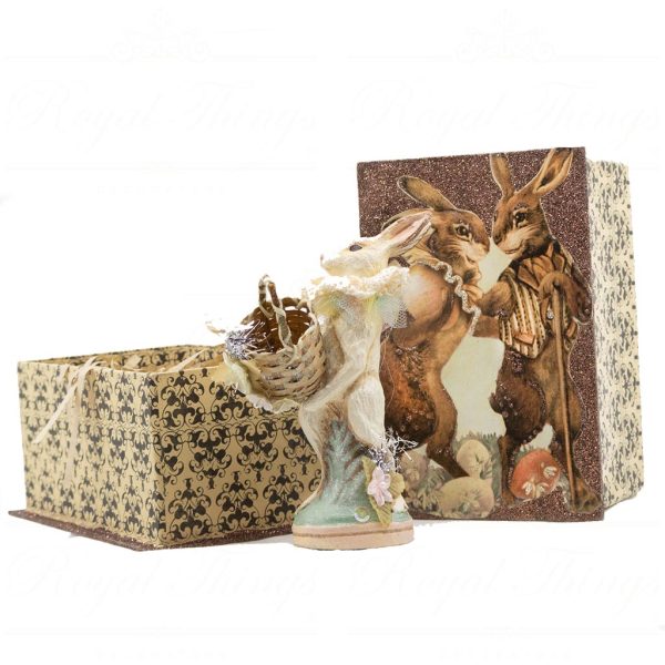 Kc 28 28365 Katherines Collection Christmas Decorative Items Vintage Belle Hare In Box Tabletop Brown Green Detail1