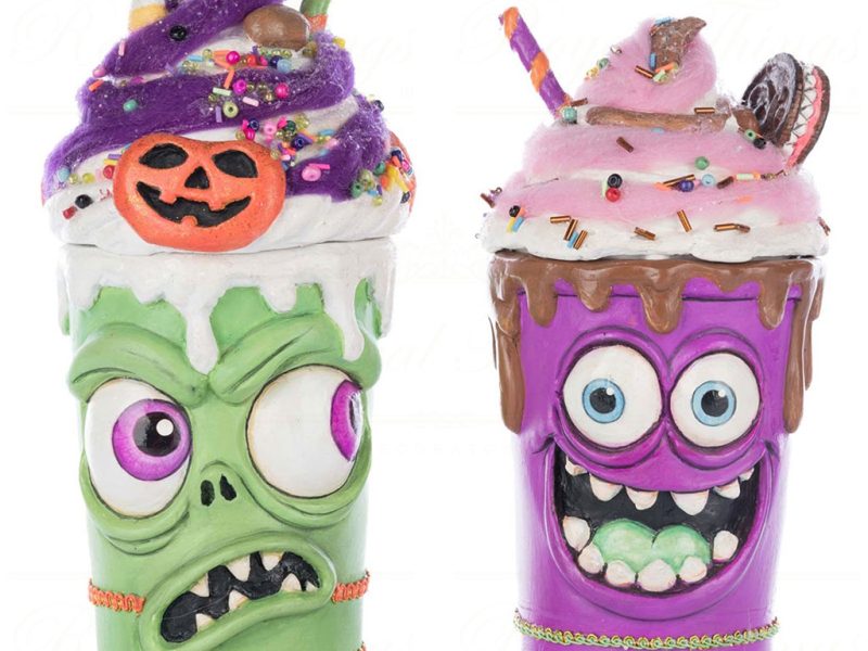 Kc 28 528634 Katherines Collection Halloween Decorative Items Ghoulish Gathering Franken Frap And Monster Mocha Tabletop Purple Green Pink