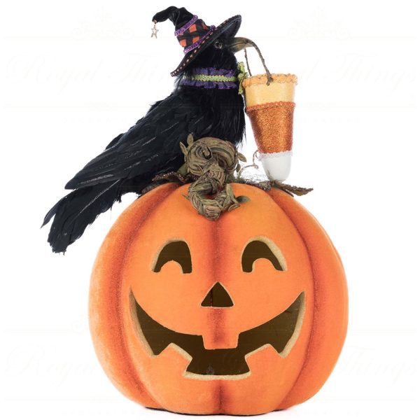 Kc 28 528648 Katherines Collection Halloween Decorative Items Ghoulish Gathering Crown On Pumpkin With Tealight Tabletop Orange Black