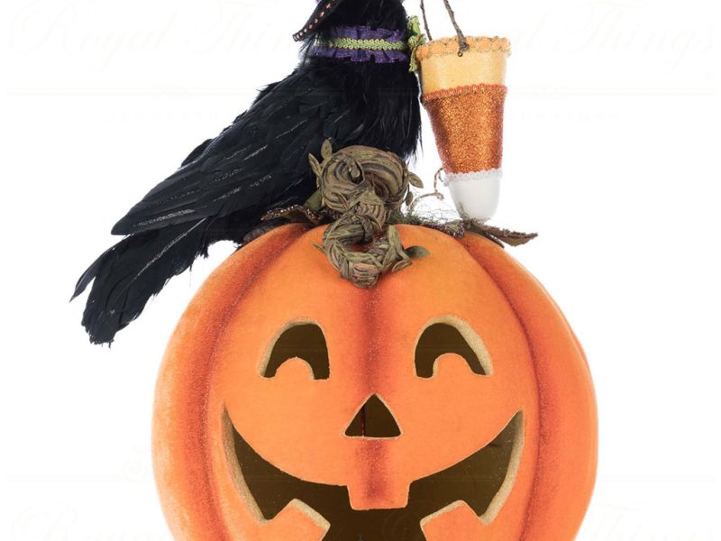 Kc 28 528648 Katherines Collection Halloween Decorative Items Ghoulish Gathering Crown On Pumpkin With Tealight Tabletop Orange Black