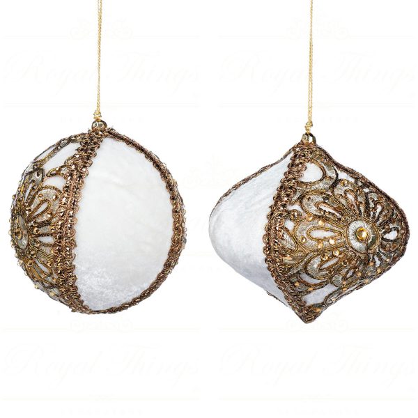 L 31091 Goodwill Christmas Ornaments Velvet Lace Zari Ball Onion Ornament Cream Gold