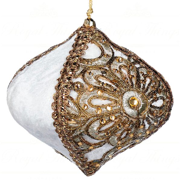 L 31091 Goodwill Christmas Ornaments Velvet Lace Zari Ball Onion Ornament Cream Gold Variation Onion