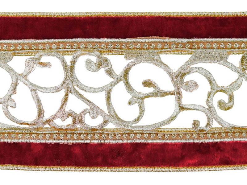 L 36502 Christmas Decorative Items Velvet Dupion Open Swirl Trim Ribbon Burgundy Gold Silver