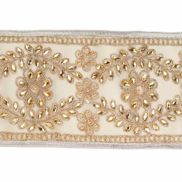 L 36508 Christmas Decorative Items Dupion Jewel Flower Leaf Ribbon Cream Gold