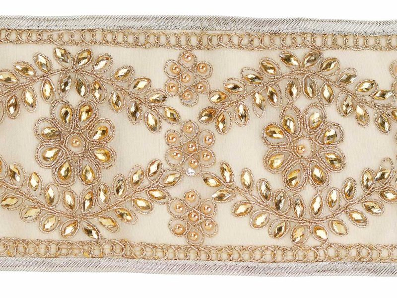 L 36508 Christmas Decorative Items Dupion Jewel Flower Leaf Ribbon Cream Gold