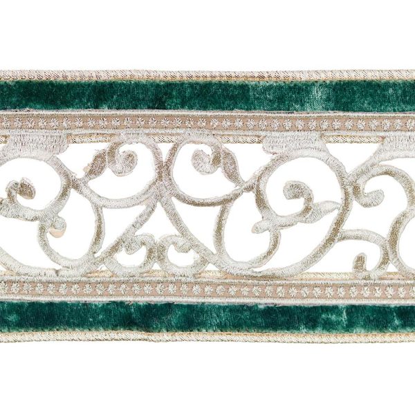 L 36527 Christmas Decorative Items Velvet Dupion Open Swirl Trim Ribbon Green Silver Cream