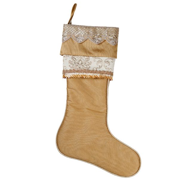 L 36531 Christmas Decorative Items Dupion Jacquard Trim Stocking Brown White Silver