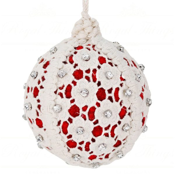 L 36558 Goodwill Christmas Balls Lace Velvet Jewel Flower Ball Red Cream