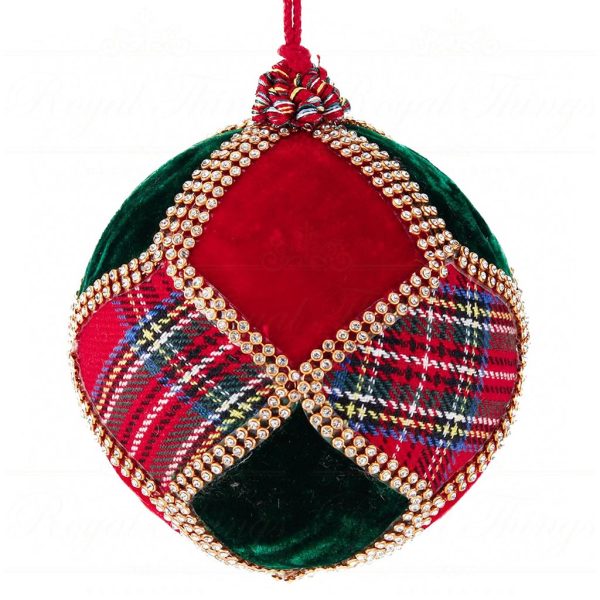 L 36572 Goodwill Christmas Balls Velvet Tartan Jewel Net Ball Red Green