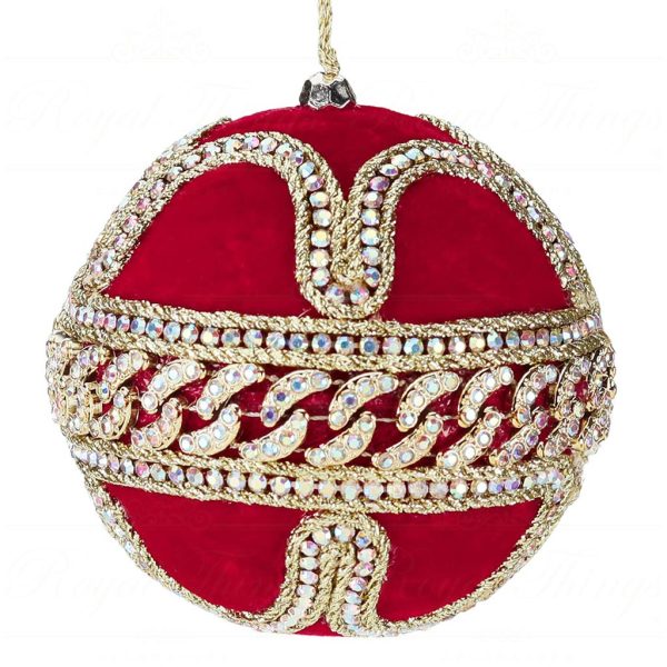 L 36580 Goodwill Christmas Balls Velvet Jewel Trim Swirl Ball Red Gold