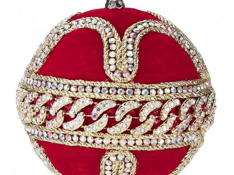 L 36580 Goodwill Christmas Balls Velvet Jewel Trim Swirl Ball Red Gold