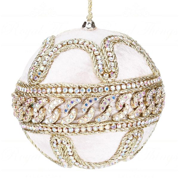 L 36581 Goodwill Christmas Balls Velvet Jewel Trim Swirl Ball Cream