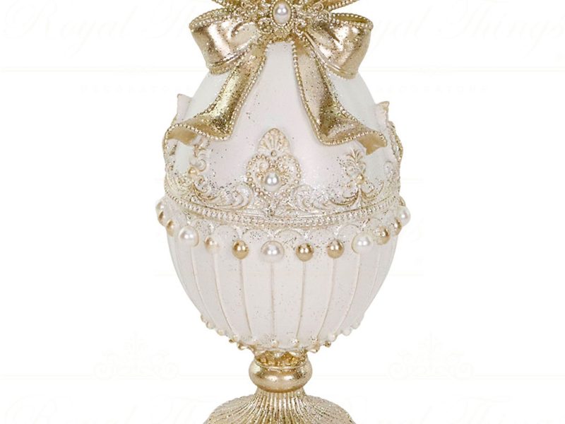 Lex 10006 Goodwill Christmas Decorative Items Pearl Egg With Bow On Stand Tabletop Cream Gold