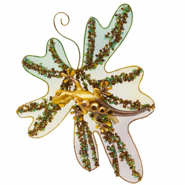 Mo 95240 Goodwill Christmas Ornaments Lizard On Leaf On Clip Green Gold Vari Gold