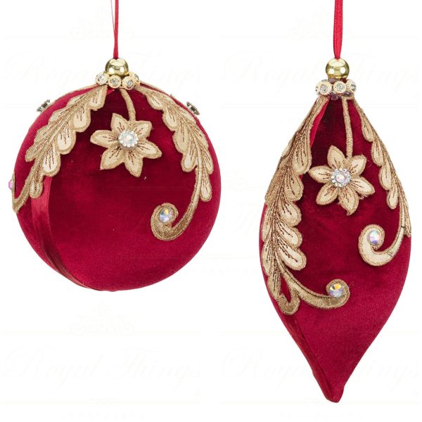 Mo 96417 Goodwill Christmas Balls Fabric Lace Top Ball Finial Ornament Red Gold