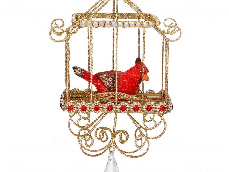 Mo 96616 Goodwill Christmas Ornaments Metal Wire Bird In Cage Ornament Gold Red
