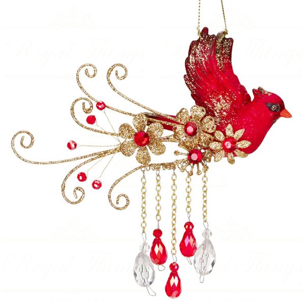 Mo 96620 Goodwill Christmas Ornaments Metal Jewel Bird With Dangles Ornament Gold Red