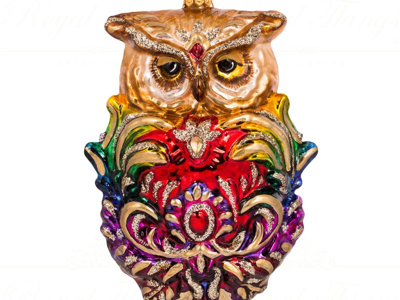 Pga B5001 Polish Glass Art Christmas Ornaments Proud And Merry Owl For The Holidays Multicolor Gold