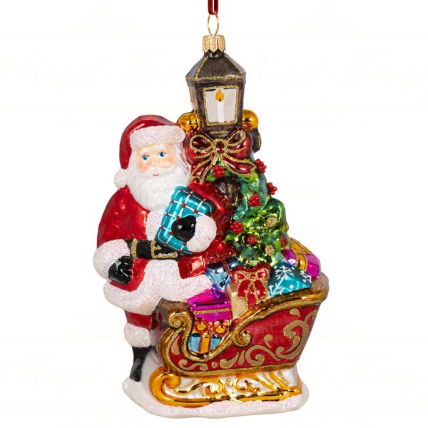 Pga B5014 Polish Glass Art Christmas Ornaments Twinkling Night With Santa And His Sleigh Brown Red Gold
