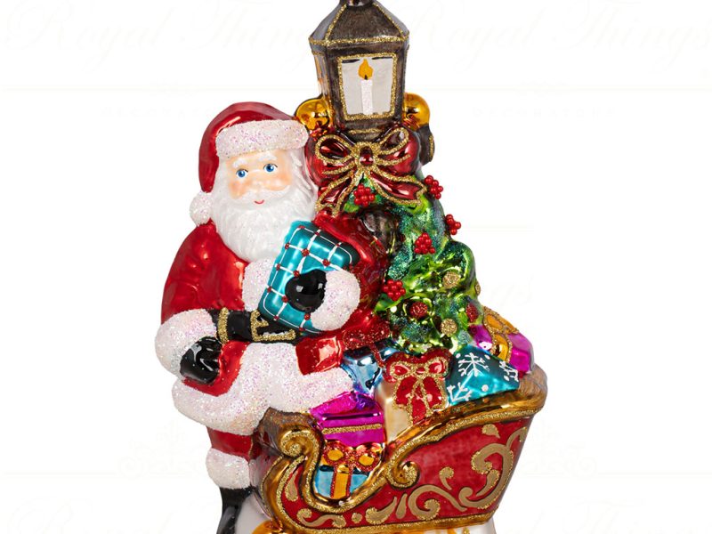 Pga B5014 Polish Glass Art Christmas Ornaments Twinkling Night With Santa And His Sleigh Brown Red Gold