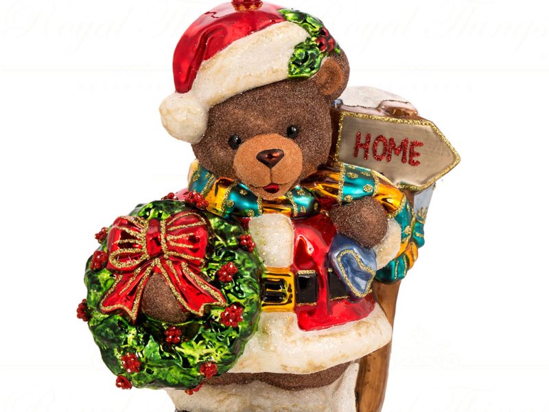 Pga B5037 Polish Glass Art Christmas Ornaments Jolly Bear Christmas Stroll Brwn Red